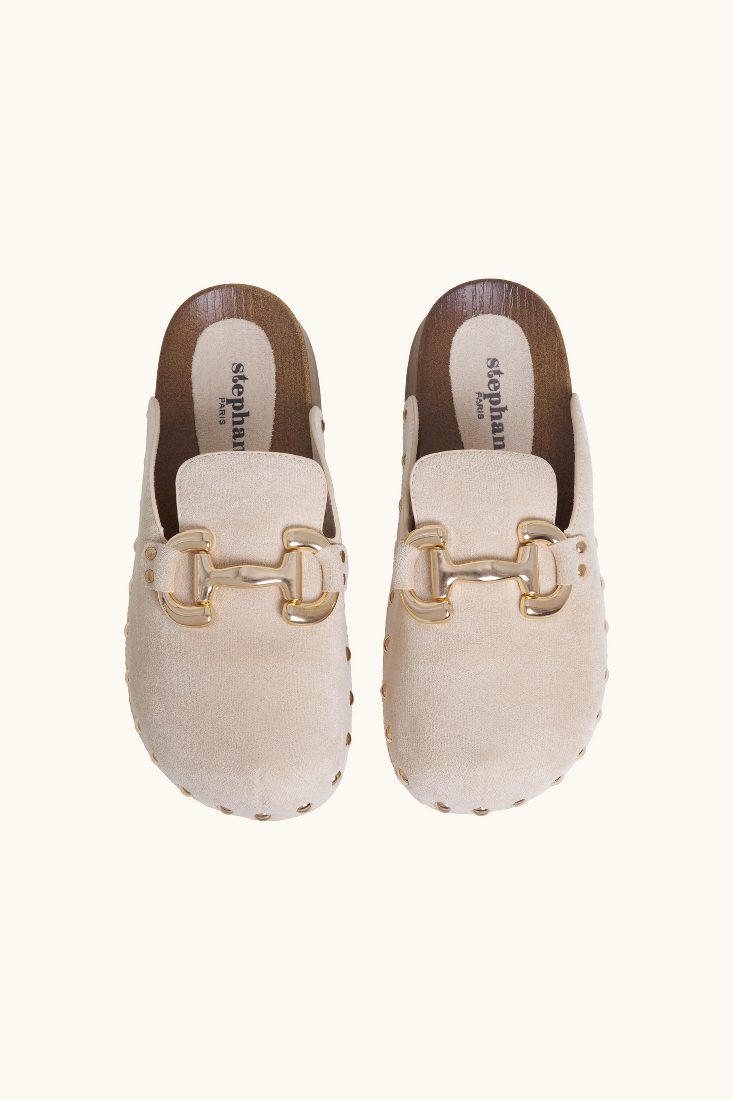 Beige golden curl mules open to golden loop