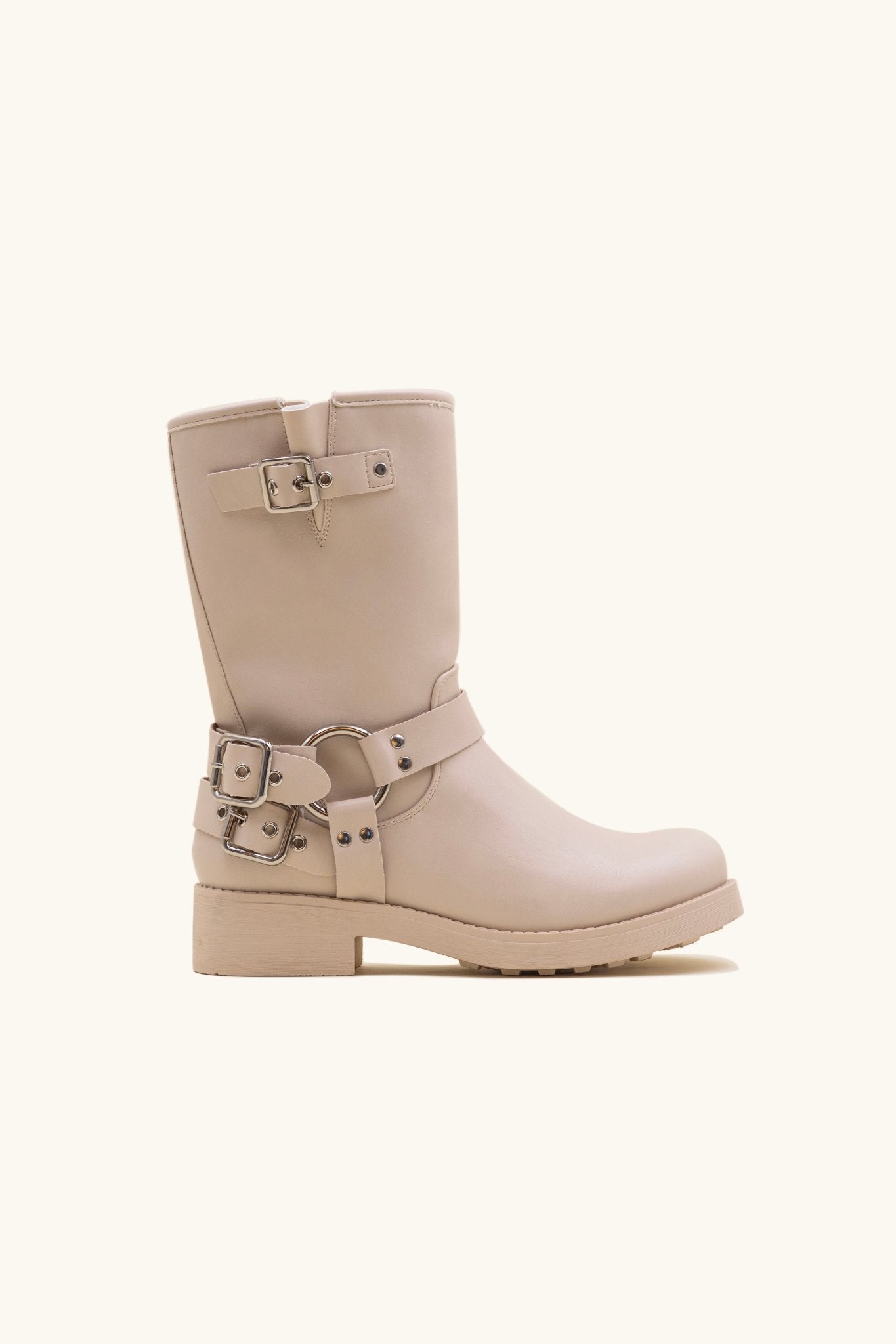 Beige strap bikers boots