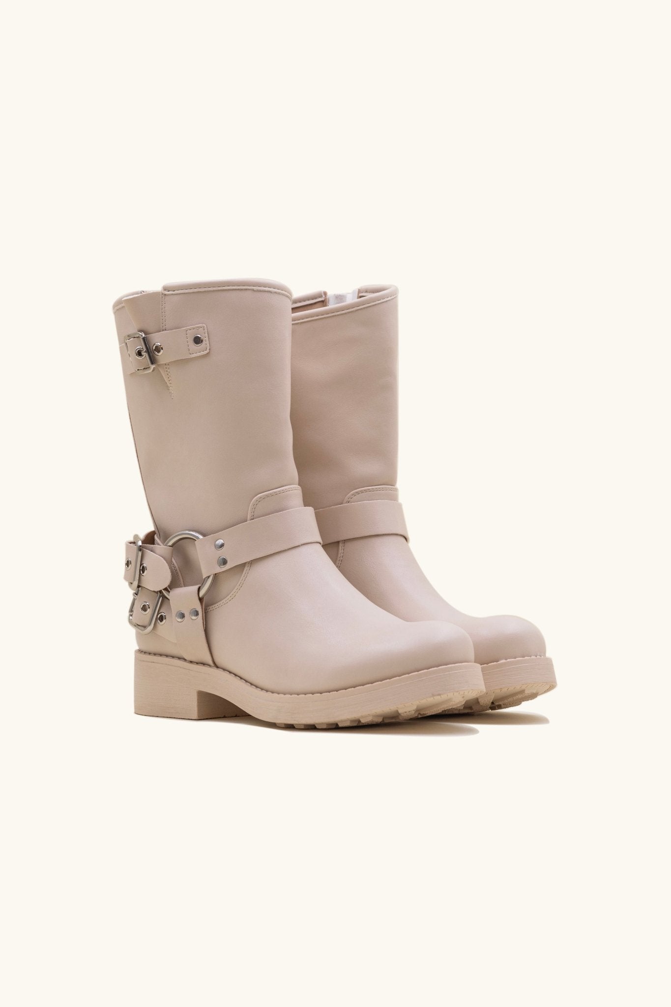 Beige strap bikers boots