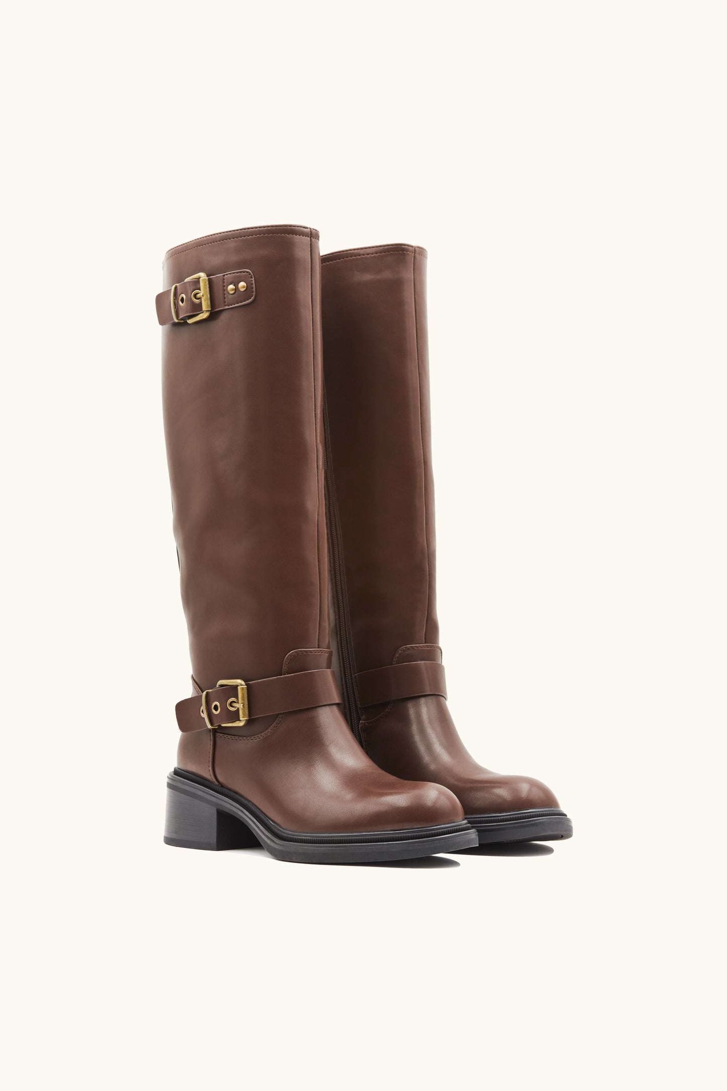 Bottes cavalières hautes marron à double boucle