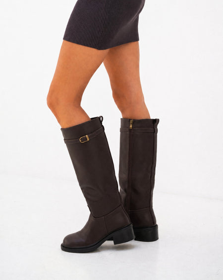 Bottes cavalières marrons à boucle dorée - Grace