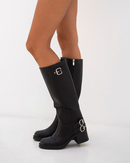Bottes cavalières noires à talon et boucles argentées - Holly