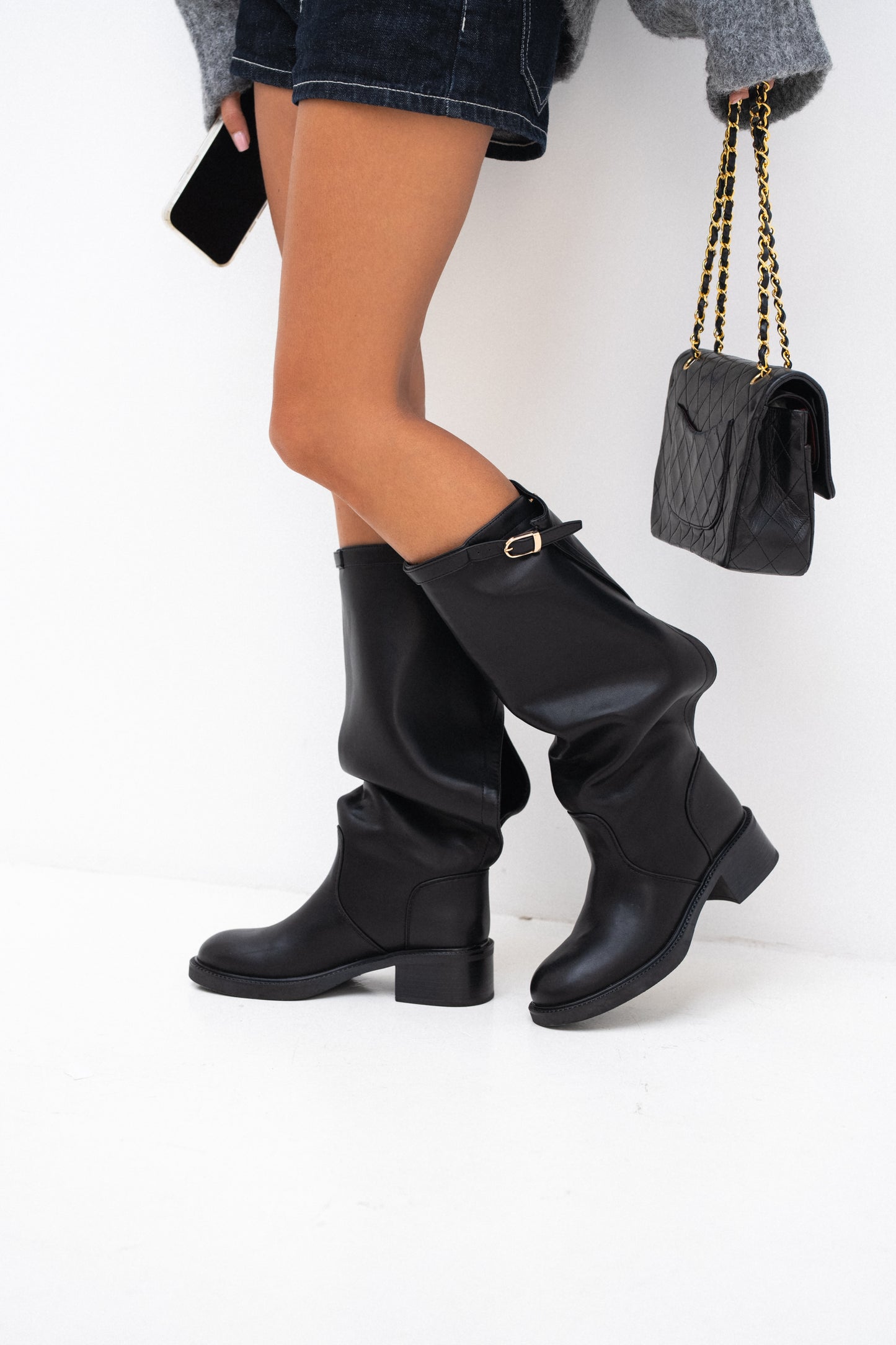 Bottes cavalières noires à boucle et ajustable - Tiffany