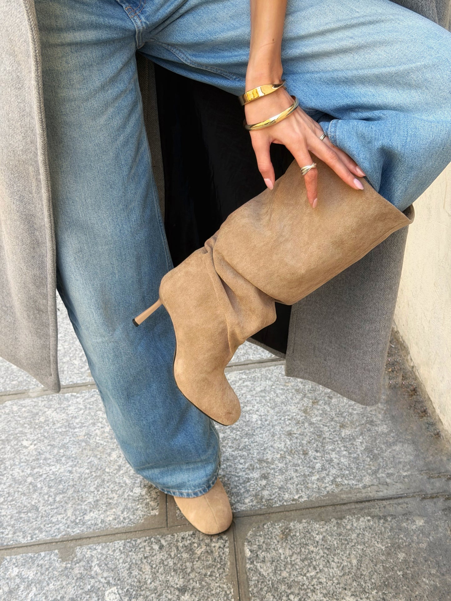 Bottes hautes à talon aiguille bout rond - Camélia Khaki