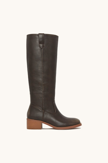 Bottes hautes cavalières rétro en similicuir marron foncé
