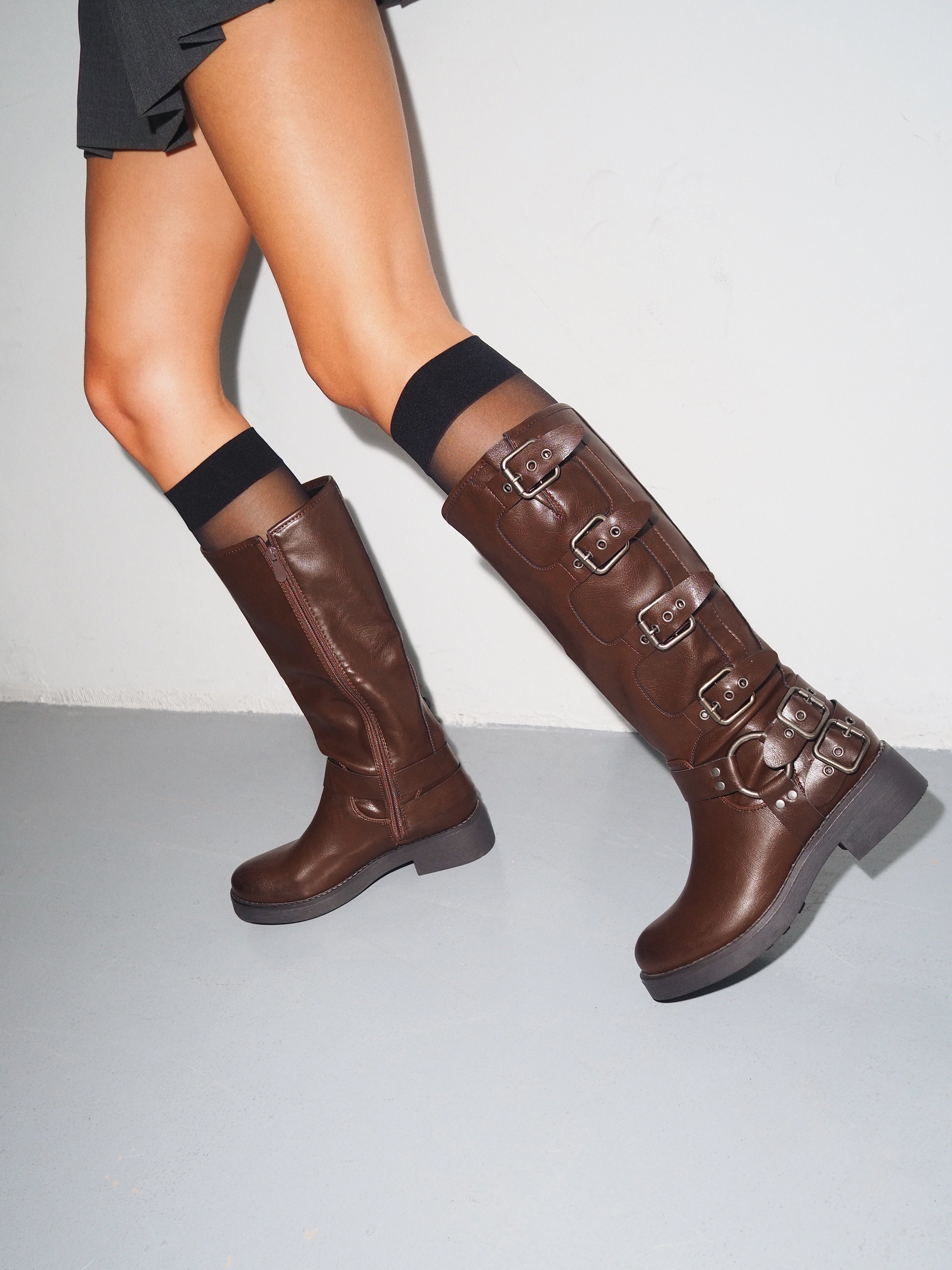 Brown multiple strap biker boots Stephan Paris